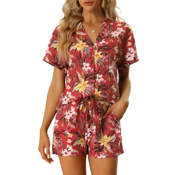 Unique Bargains Women Hawaiian Tropical 2023 Summer Button Down Sets XL Red
