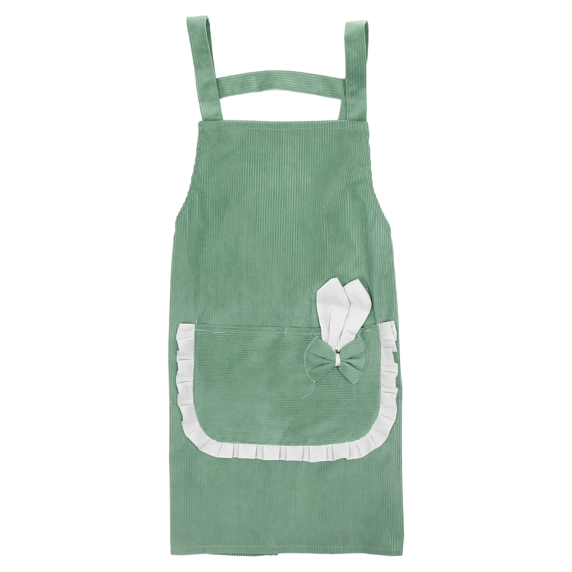 Unique Bargains Women Kitchen H Shoulder Corduroy Apron with Pockets for Cooking Green