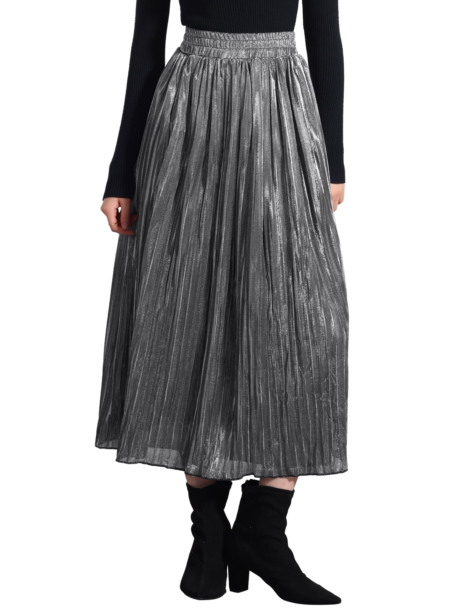 Unique Bargains Women Metallic Glitter High Waist Flared Plaeted Midi Skirt L Silver