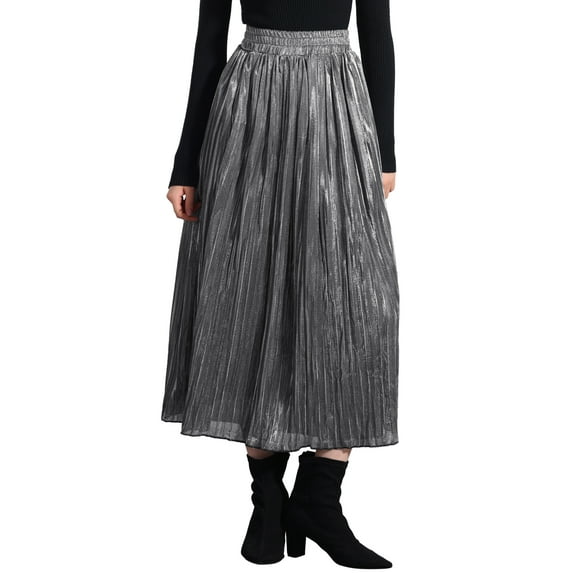 Unique Bargains Women Metallic Glitter High Waist Flared Plaeted Midi Skirt L Silver