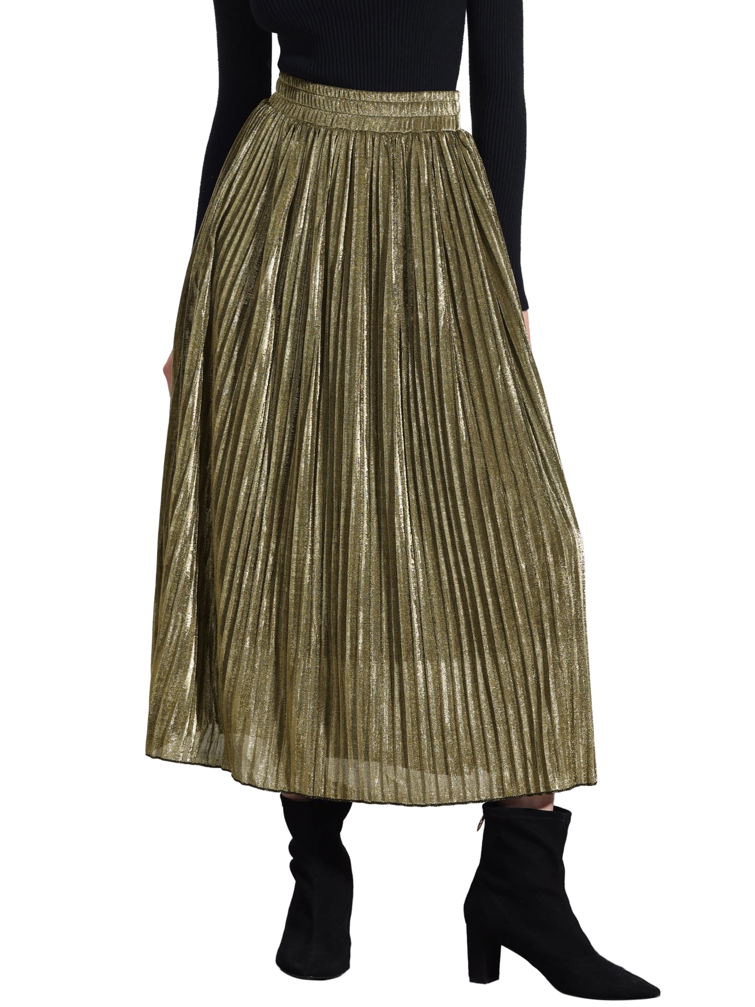 Unique Bargains Women Metallic Glitter High Waist Flared Plaeted Midi Skirt S Gold