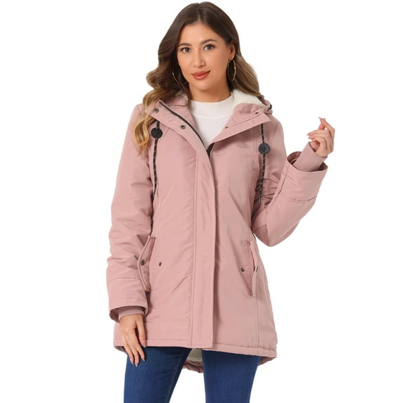 Unique Bargains Women Parka Drawstring Waist with Faux Fur Hooded Coats S Pink