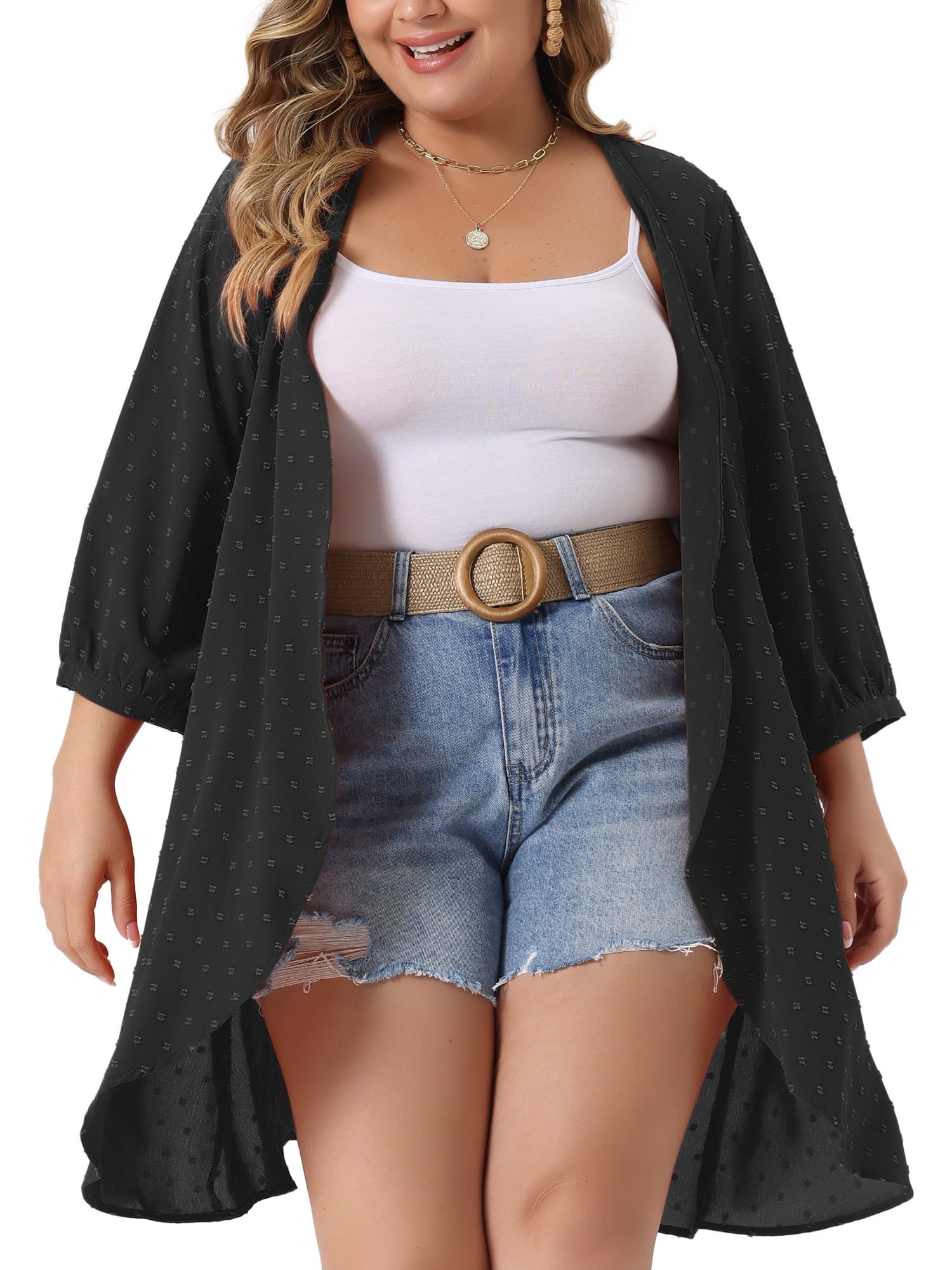 DARING DIVA Plus Size 3/4 Sleeve Swiss Dots Cover Up Cardigan 1X Black