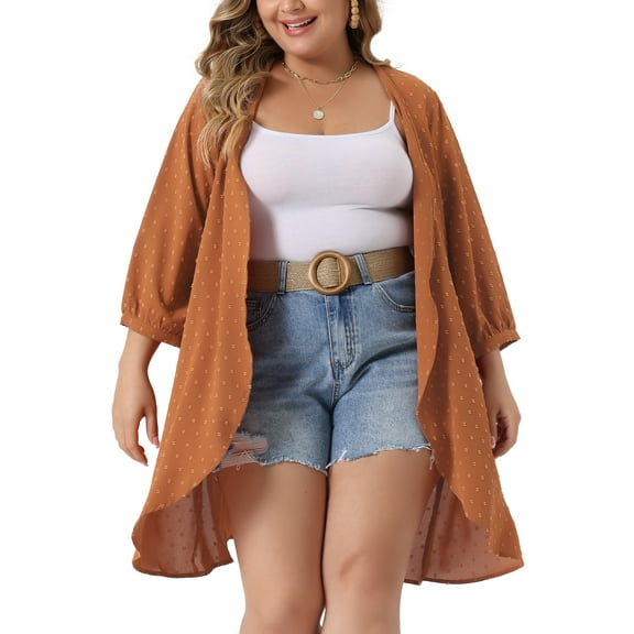 DARING DIVA Plus Size 3/4 Sleeve Swiss Dots Cover Up Cardigan 1X Orange