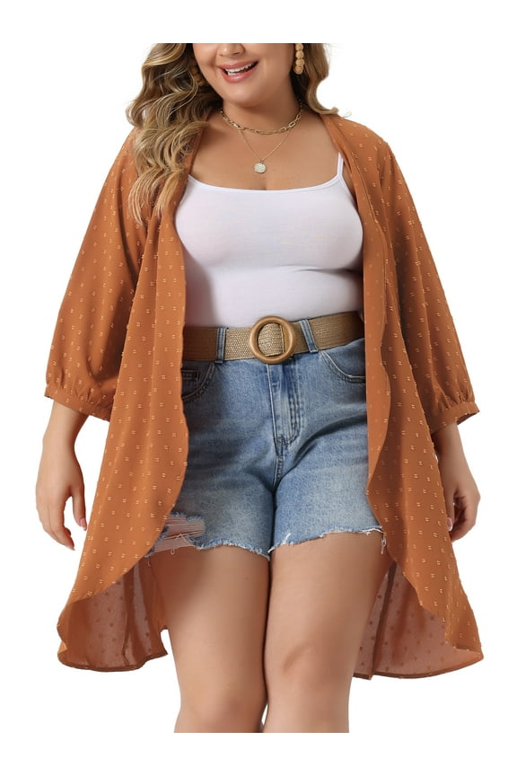 Plus Size 3/4 Sleeve Swiss Dots Cover Up Cardigan 1X Orange