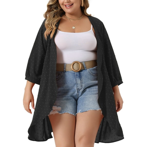 DARING DIVA Plus Size 3/4 Sleeve Swiss Dots Cover Up Cardigan 2X Black