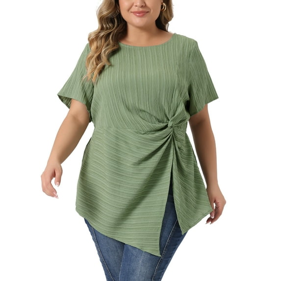 Unique Bargains Women Plus Size Asymmetrical Hem Round Neck Short Sleeve Twist Knot Top 1X Green