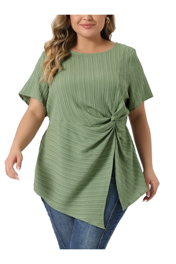 Women Plus Size Asymmetrical Hem Round Neck Short Sleeve Twist Knot Top 1X Green