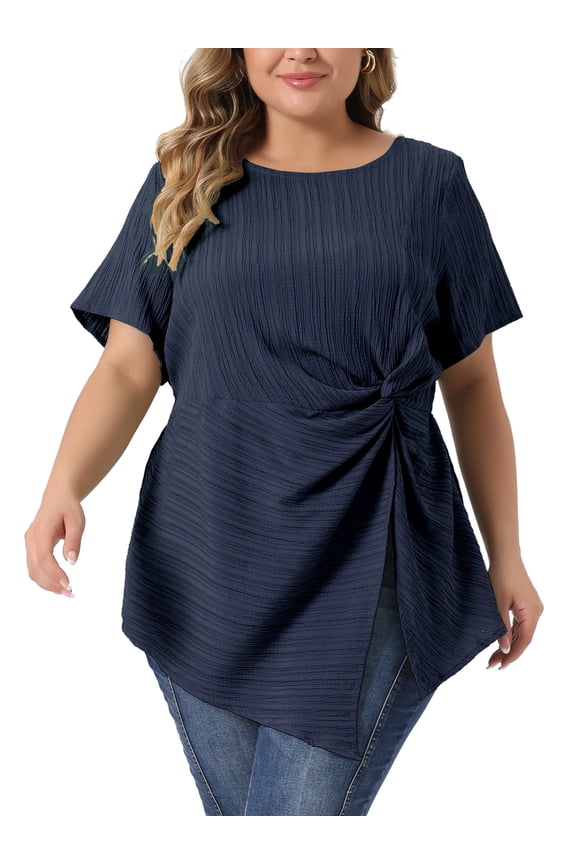 Women Plus Size Asymmetrical Hem Round Neck Short Sleeve Twist Knot Top 1X Navy Blue