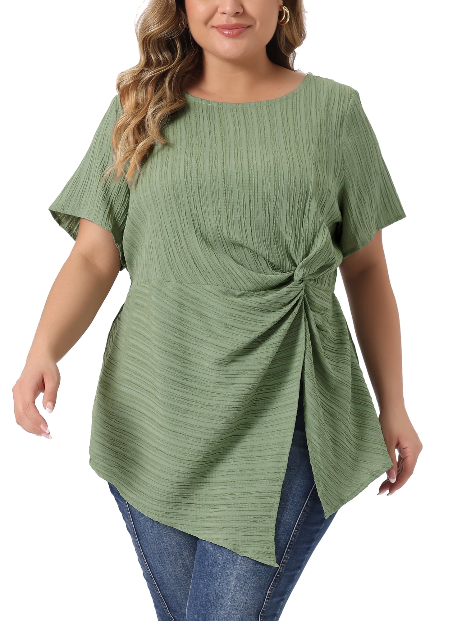 Unique Bargains Women Plus Size Asymmetrical Hem Round Neck Short Sleeve Twist Knot Top 2X Green