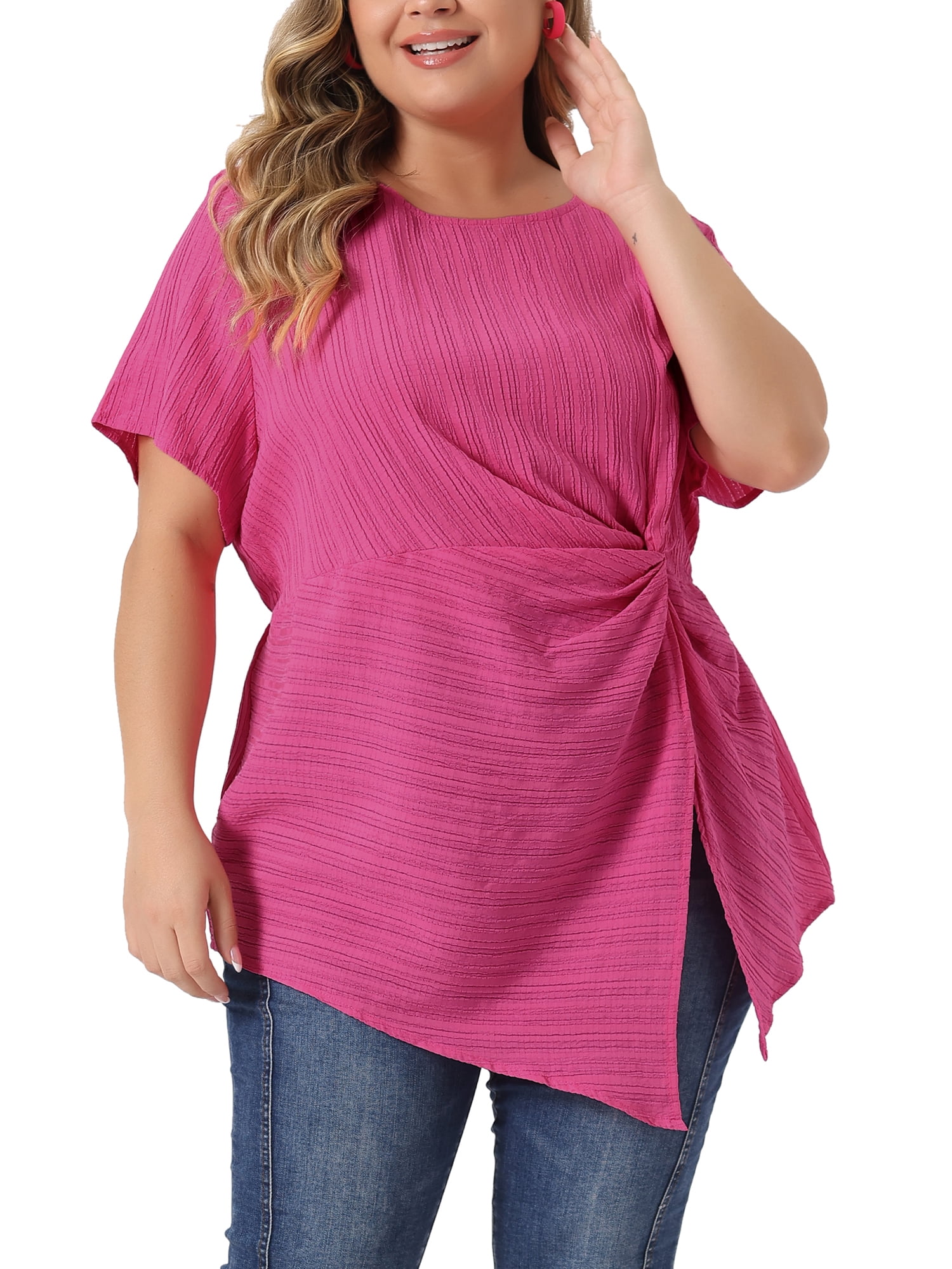 Unique Bargains Women Plus Size Asymmetrical Hem Round Neck Short Sleeve Twist Knot Top 4X Hot Pink