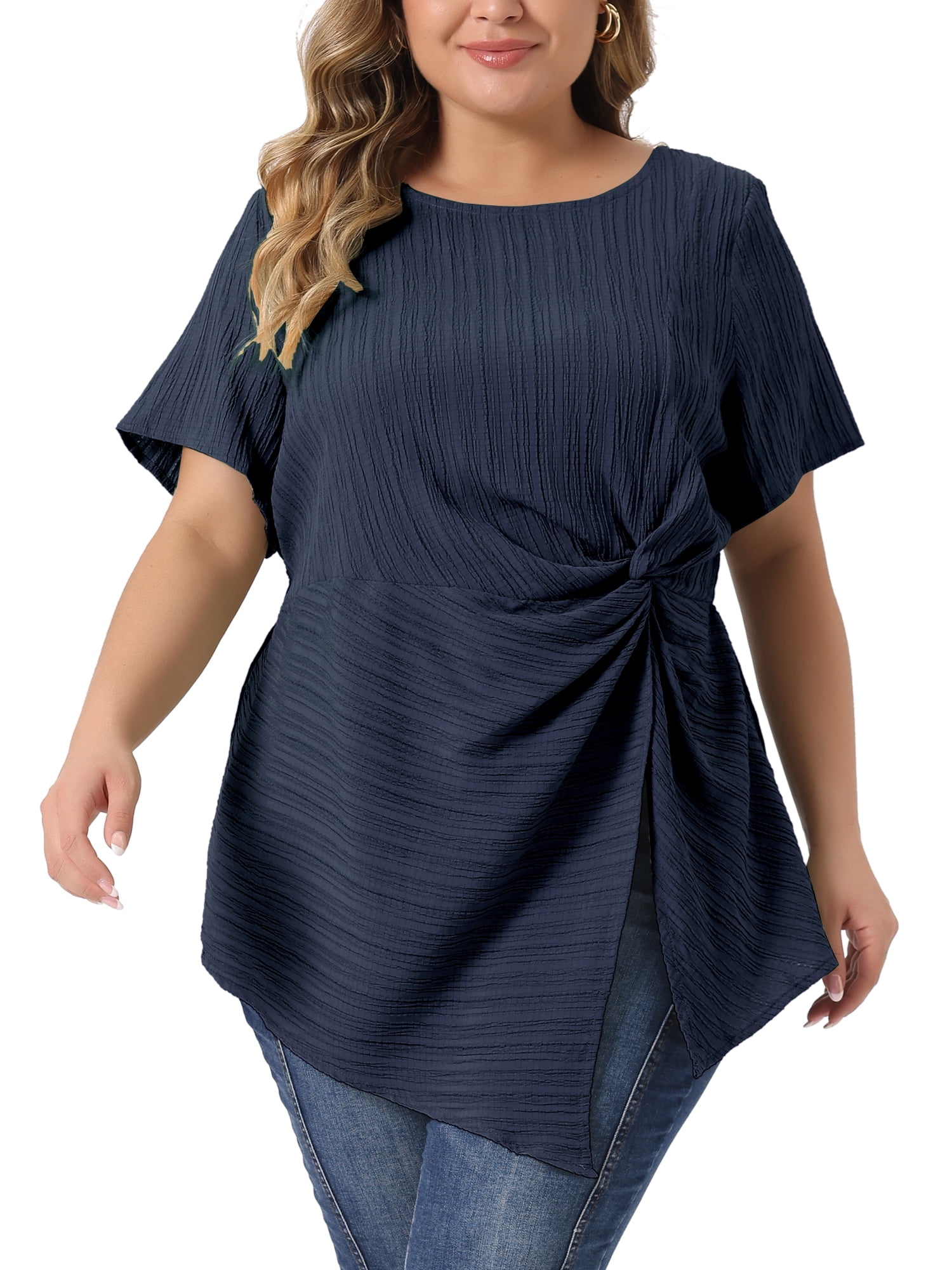 Unique Bargains Women Plus Size Asymmetrical Hem Round Neck Short Sleeve Twist Knot Top 4X Navy Blue