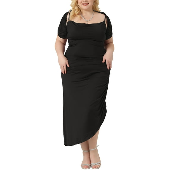 Unique Bargains Women Plus Size Bodycon Spaghetti Strap Ruched Cami Dresses with Shawl 2X Black
