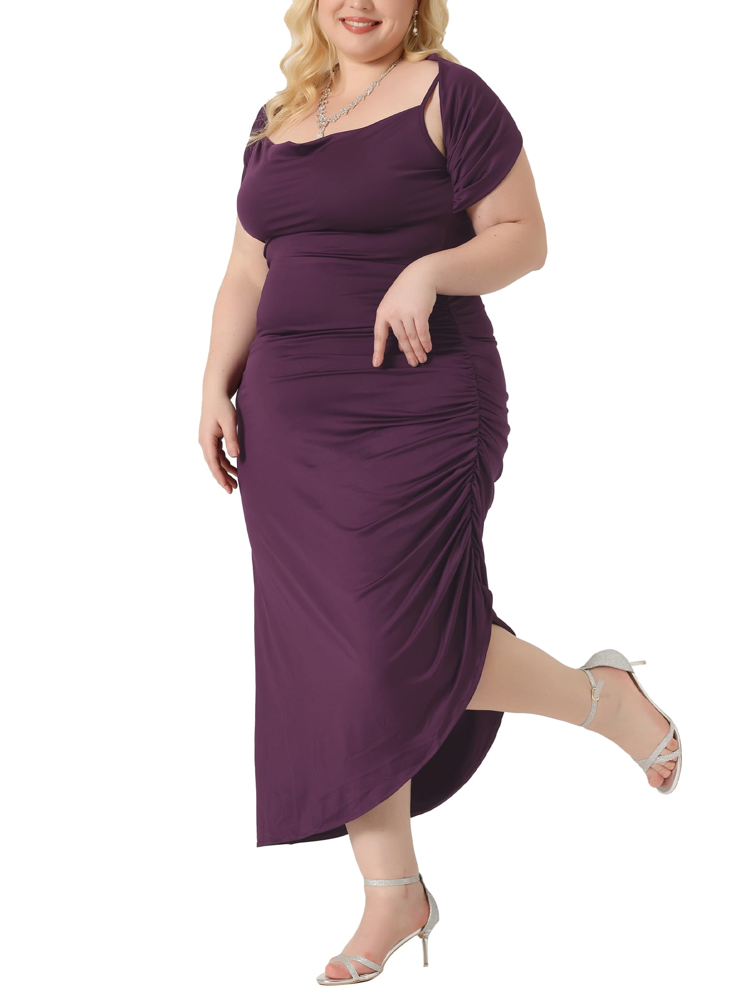 Unique Bargains Women Plus Size Bodycon Spaghetti Strap Ruched Cami Dresses with Shawl 3X Purple