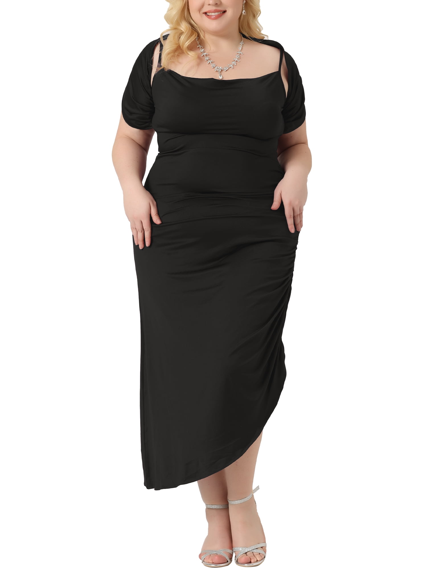 Unique Bargains Women Plus Size Bodycon Spaghetti Strap Ruched Cami Dresses with Shawl 4X Black