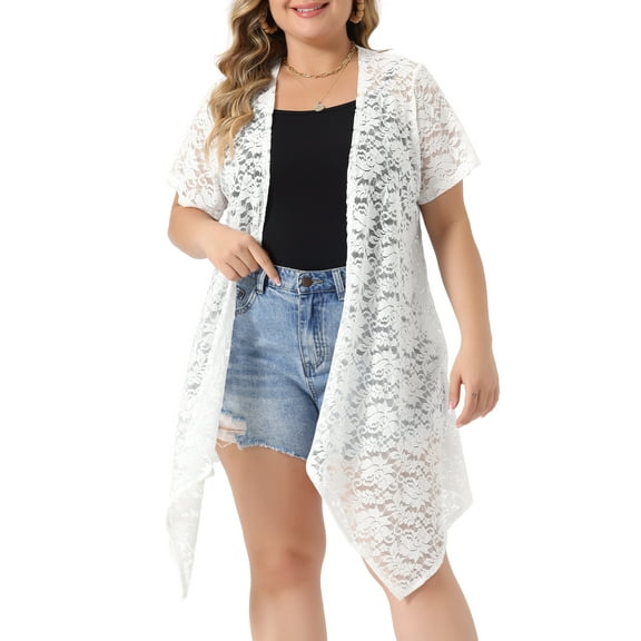 Unique Bargains Women Plus Size Cardigan Lace Crochet Short Sleeves Sheer Cover Up 1X White