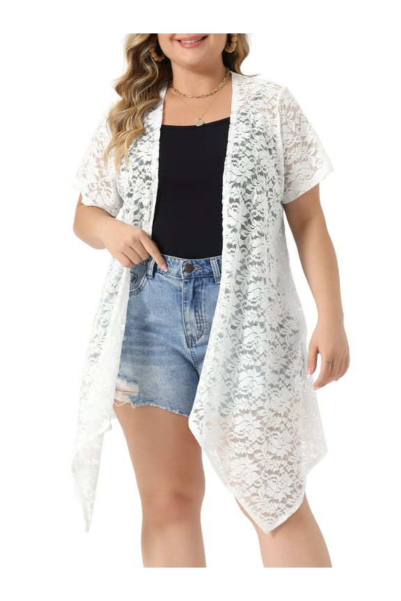 Women Plus Size Cardigan Lace Crochet Short Sleeves Sheer Cover Up 1X White