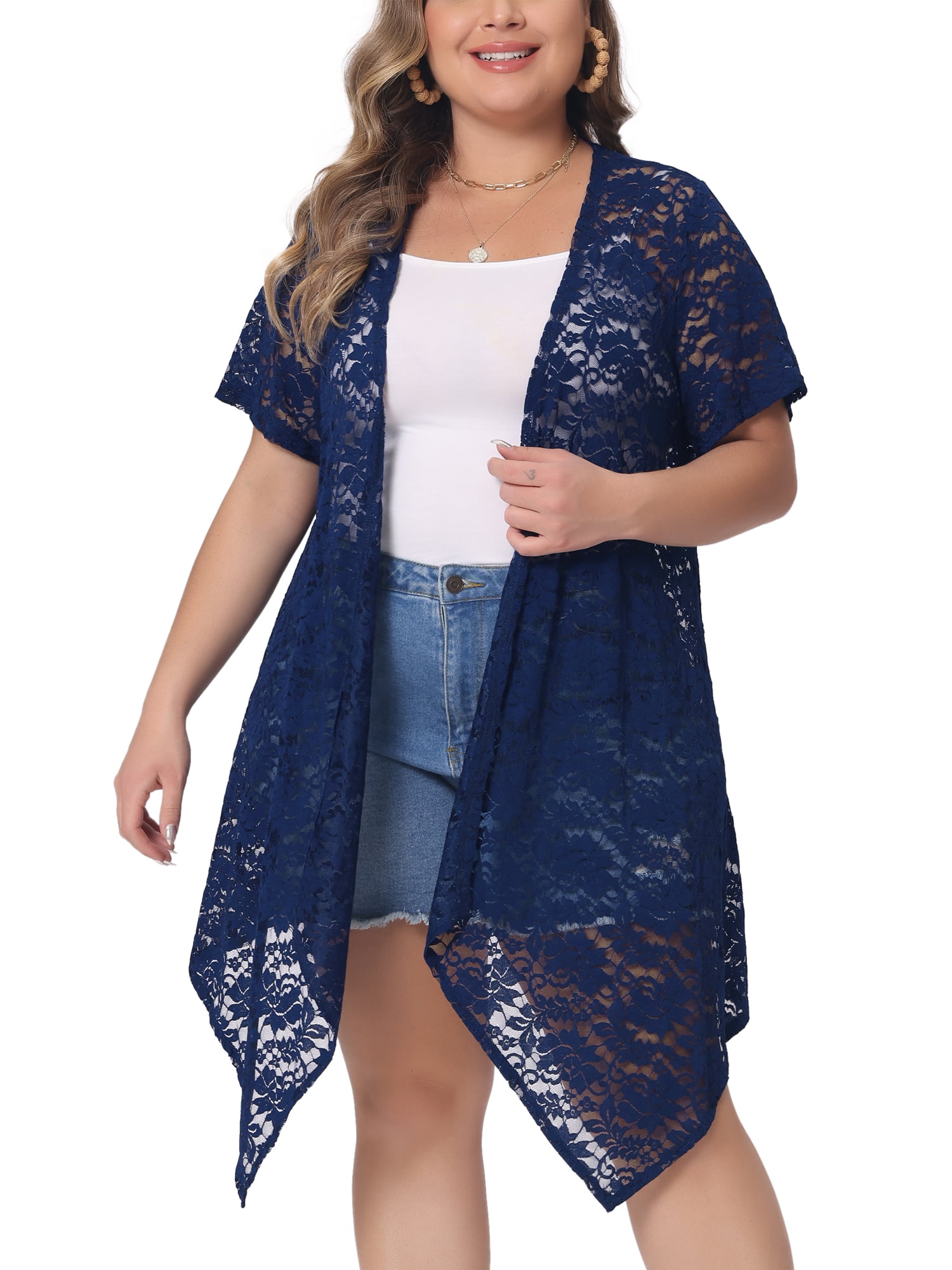 Unique Bargains Women Plus Size Cardigan Lace Crochet Short Sleeves Sheer Cover Up 3X Royal Blue