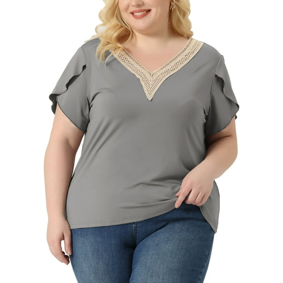 Unique Bargains Women Plus Size Casual Lace V Neck Short Sleeve Tunics Blouses Grey 3X