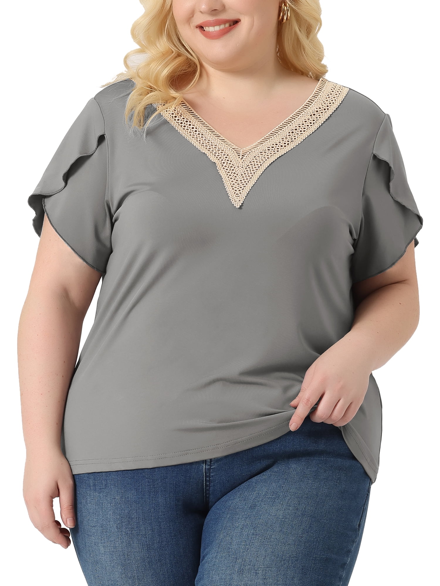 Unique Bargains Women Plus Size Casual Lace V Neck Short Sleeve Tunics Blouses Grey 4X