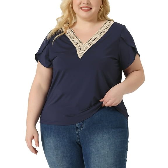 Unique Bargains Women Plus Size Casual Lace V Neck Short Sleeve Tunics Blouses Navy Blue 1X