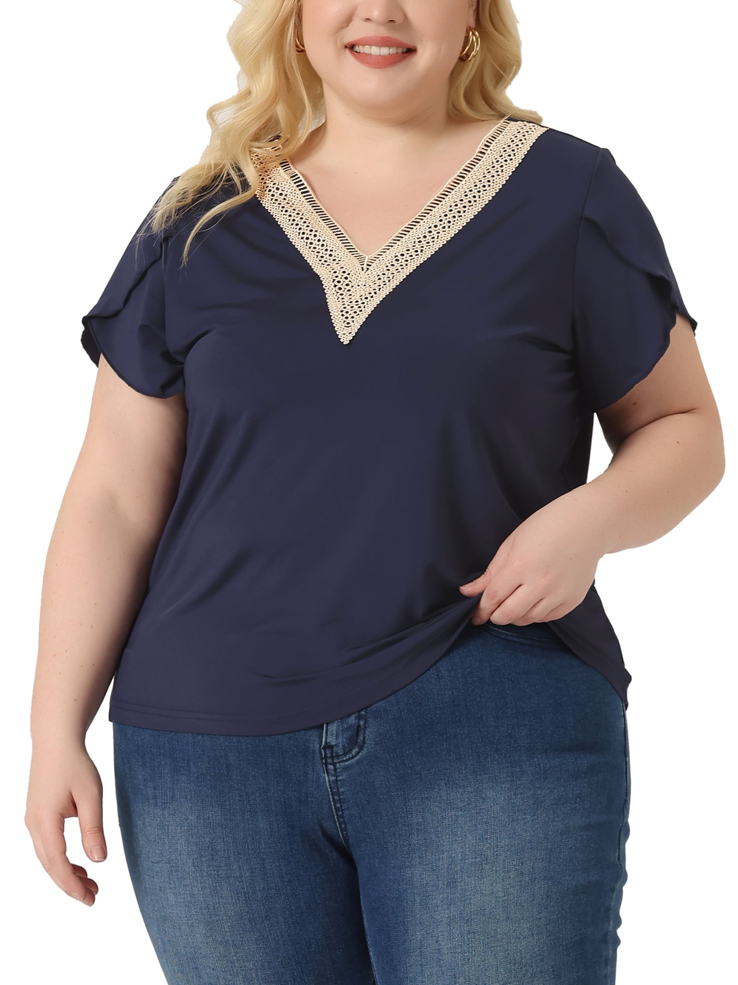Unique Bargains Women Plus Size Casual Lace V Neck Short Sleeve Tunics Blouses Navy Blue 3X