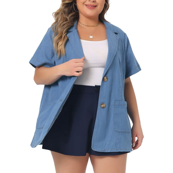 Unique Bargains Women Plus Size Denim Shirt Short Sleeve Button Down Chambray Shirts Sky Blue 1X