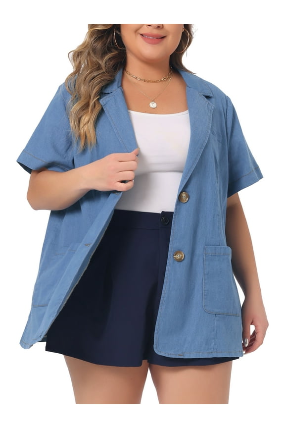 Women Plus Size Denim Shirt Short Sleeve Button Down Chambray Shirts Sky Blue 1X