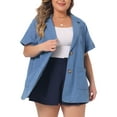 thumbnail image 1 of Unique Bargains Women Plus Size Denim Shirt Short Sleeve Button Down Chambray Shirts Sky Blue 4X, 1 of 6