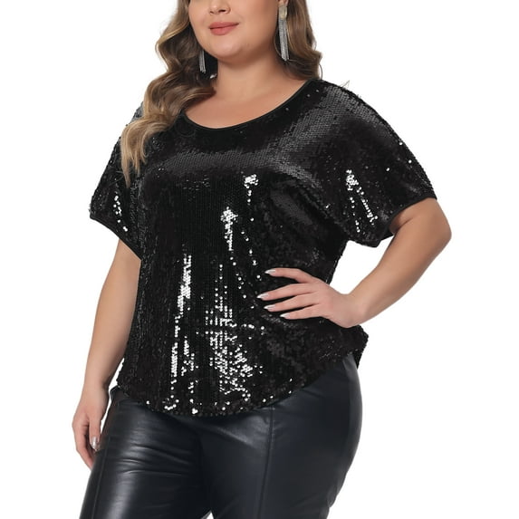 Unique Bargains Women Plus Size Full Sequin Tops Short Sleeve Sparkle Night Blouses Black 1X