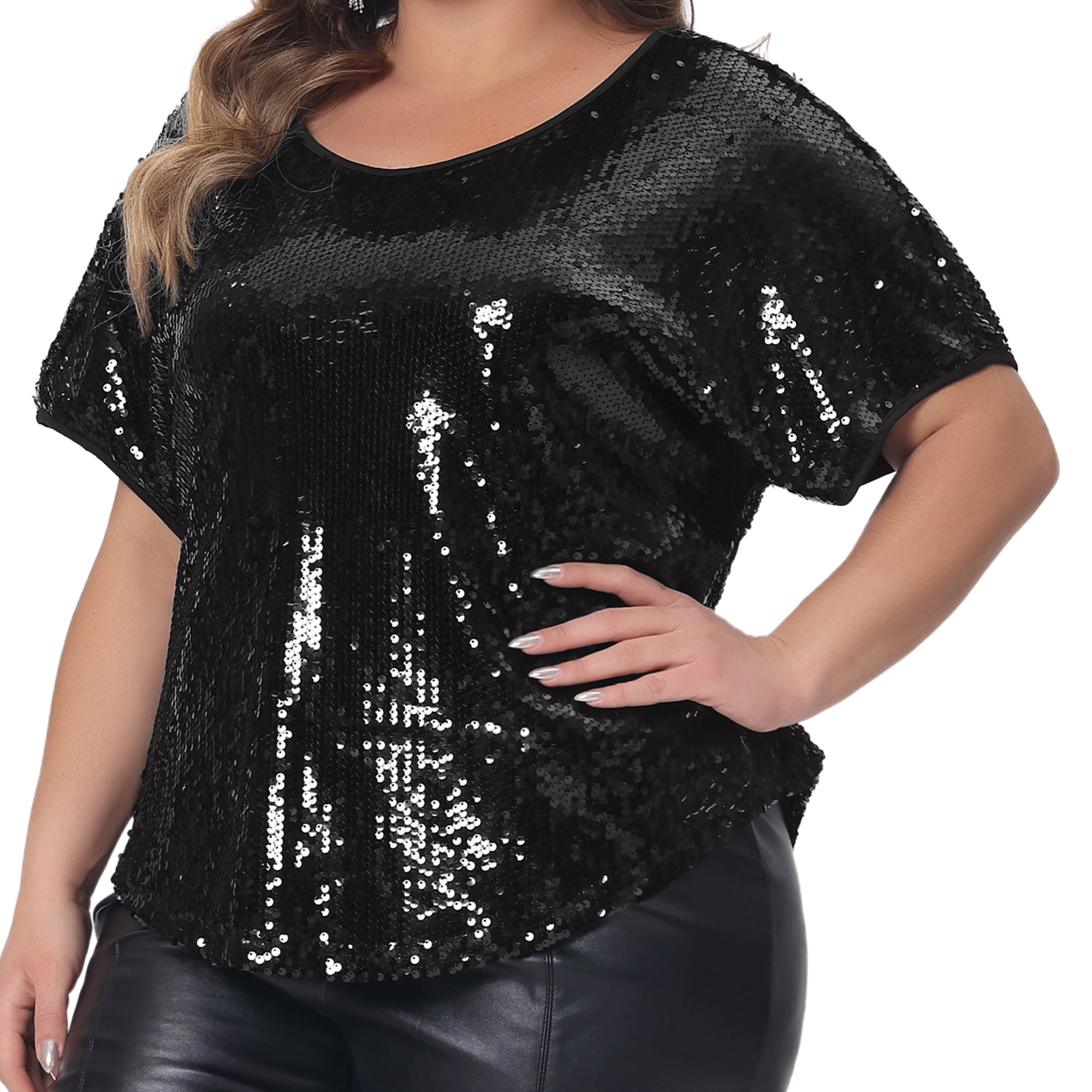 DARING DIVA Women's Plus Full Sequin Tops Sparkle Night Blouses 2X Black