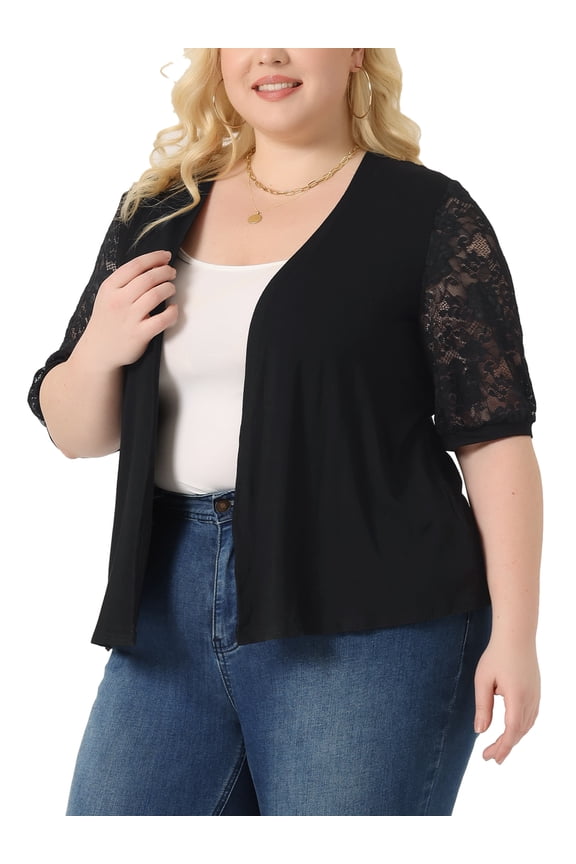 Plus Size Lightweight Lace Half Sleeve Open Front Cardigan 1X Black