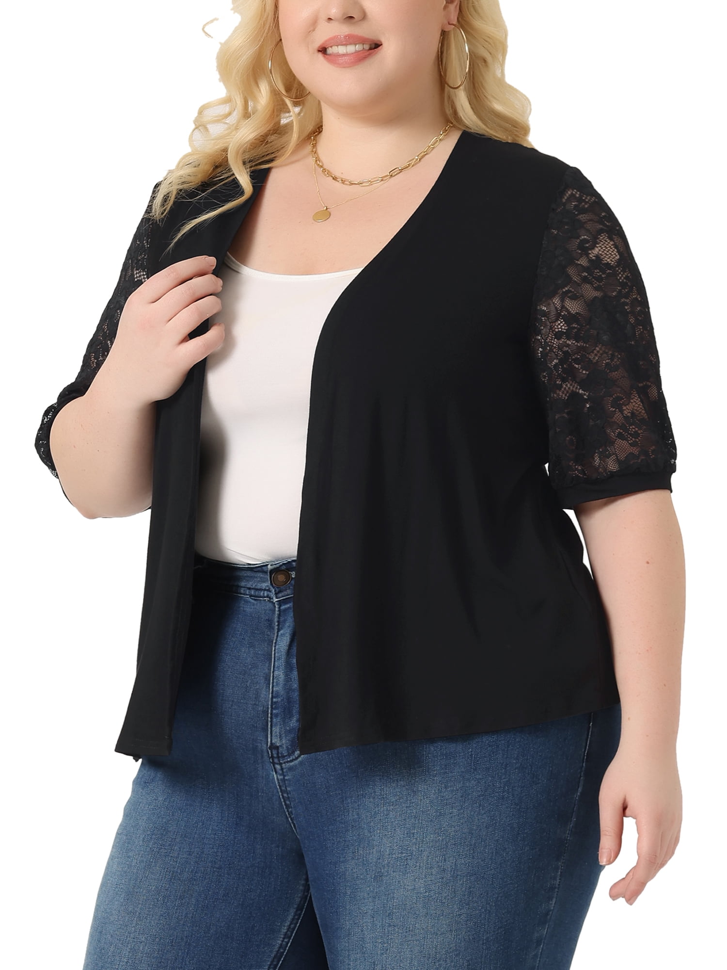 DARING DIVA Plus Size Lightweight Lace Half Sleeve Open Front Cardigan 3X Black