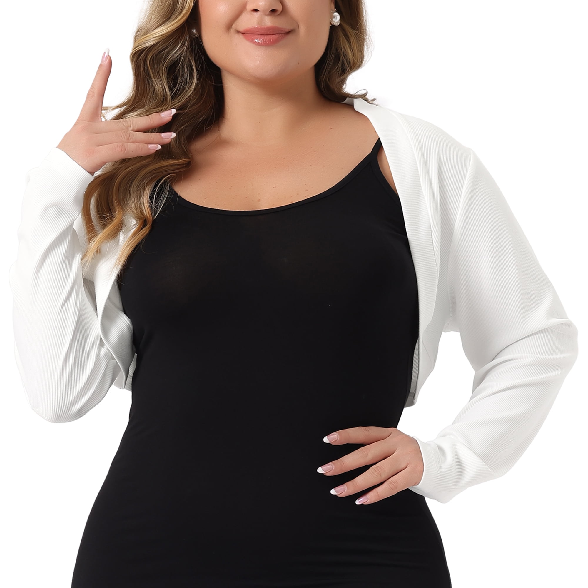 Unique Bargains Women Plus Size Long Sleeve Open Front Cropped Cardigans  Shrugs 1X White - Walmart.com