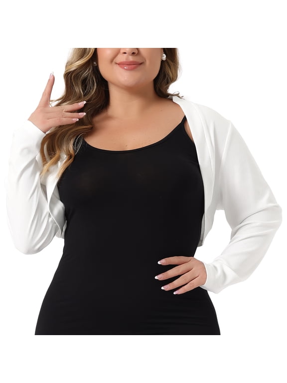 Plus Size Long Sleeve Open Front Cropped Cardigans Shrugs 1X White