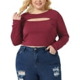 thumbnail image 1 of Unique Bargains Women Plus?Size Long Sleeve Round Neck Cut Out Front Fitted T-Shirts 1X Burgundy, 1 of 6
