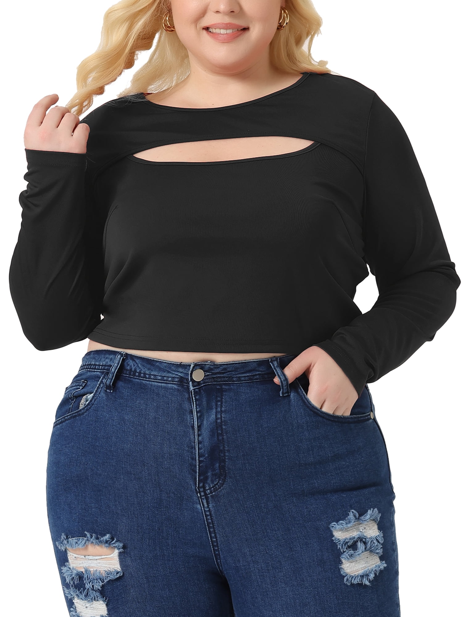 Unique Bargains Women Plus?Size Long Sleeve Round Neck Cut Out Front Fitted T-Shirts 4X Black
