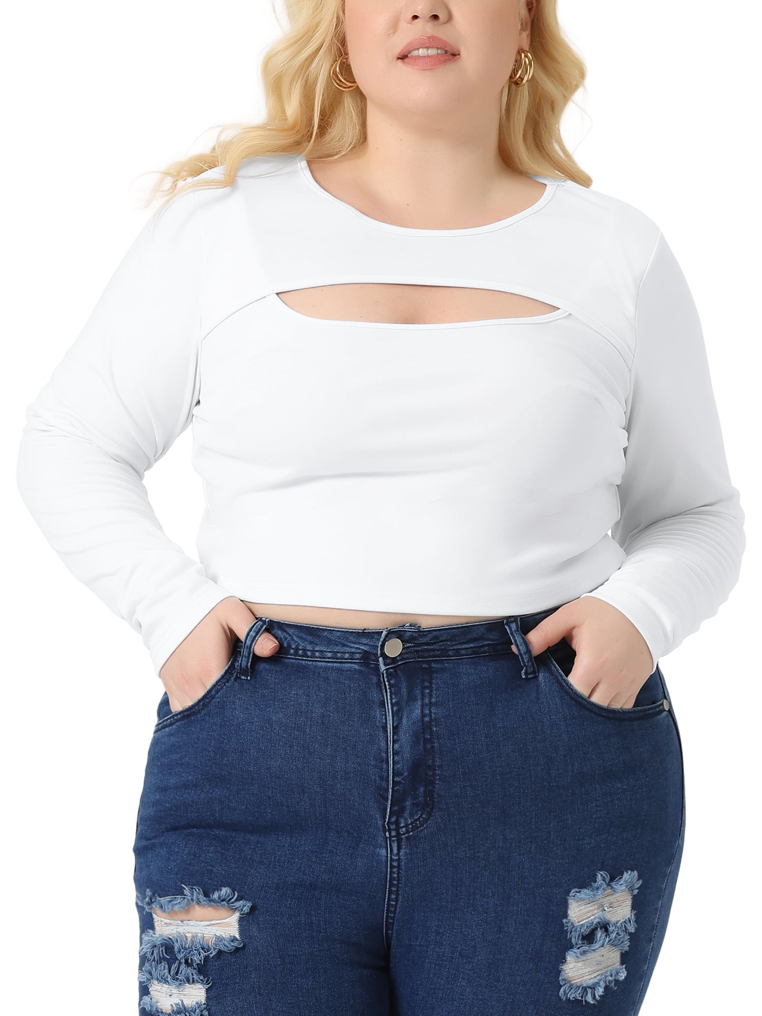 Unique Bargains Women Plus?Size Long Sleeve Round Neck Cut Out Front Fitted T-Shirts 4X White