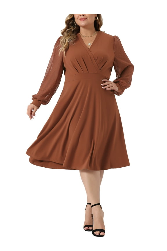 Plus Size Swiss Dots Wrap V Neck Knee Length Dress 3X Caramel