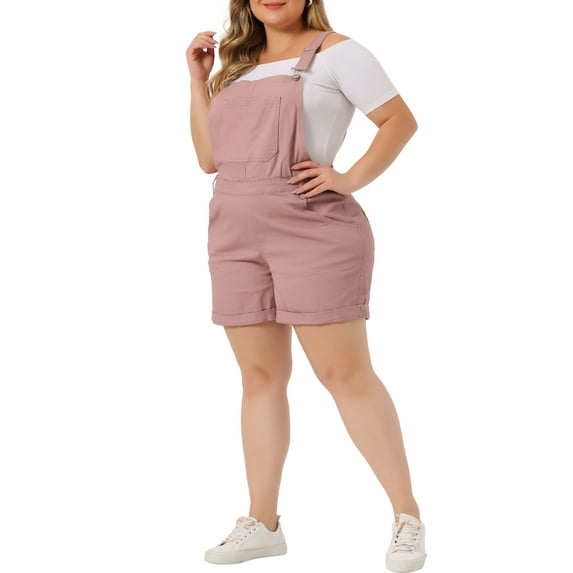 Unique Bargains Women Plus Size Overalls Denim Pants Roll Hem Chambray Shorts Pants 4X Pink