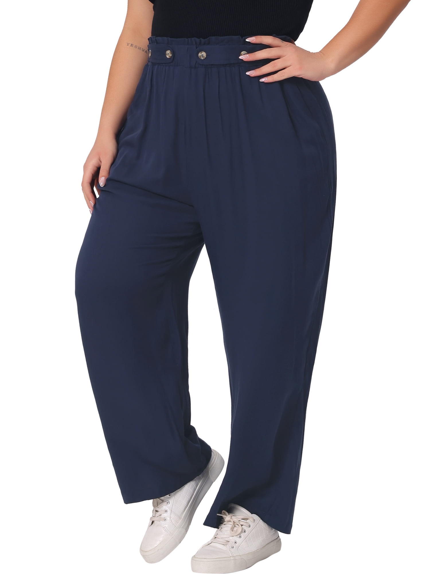 DARING DIVA Women's Plus Palazzo Stretchy High Waisted Wide Leg Pants 3X Navy Blue