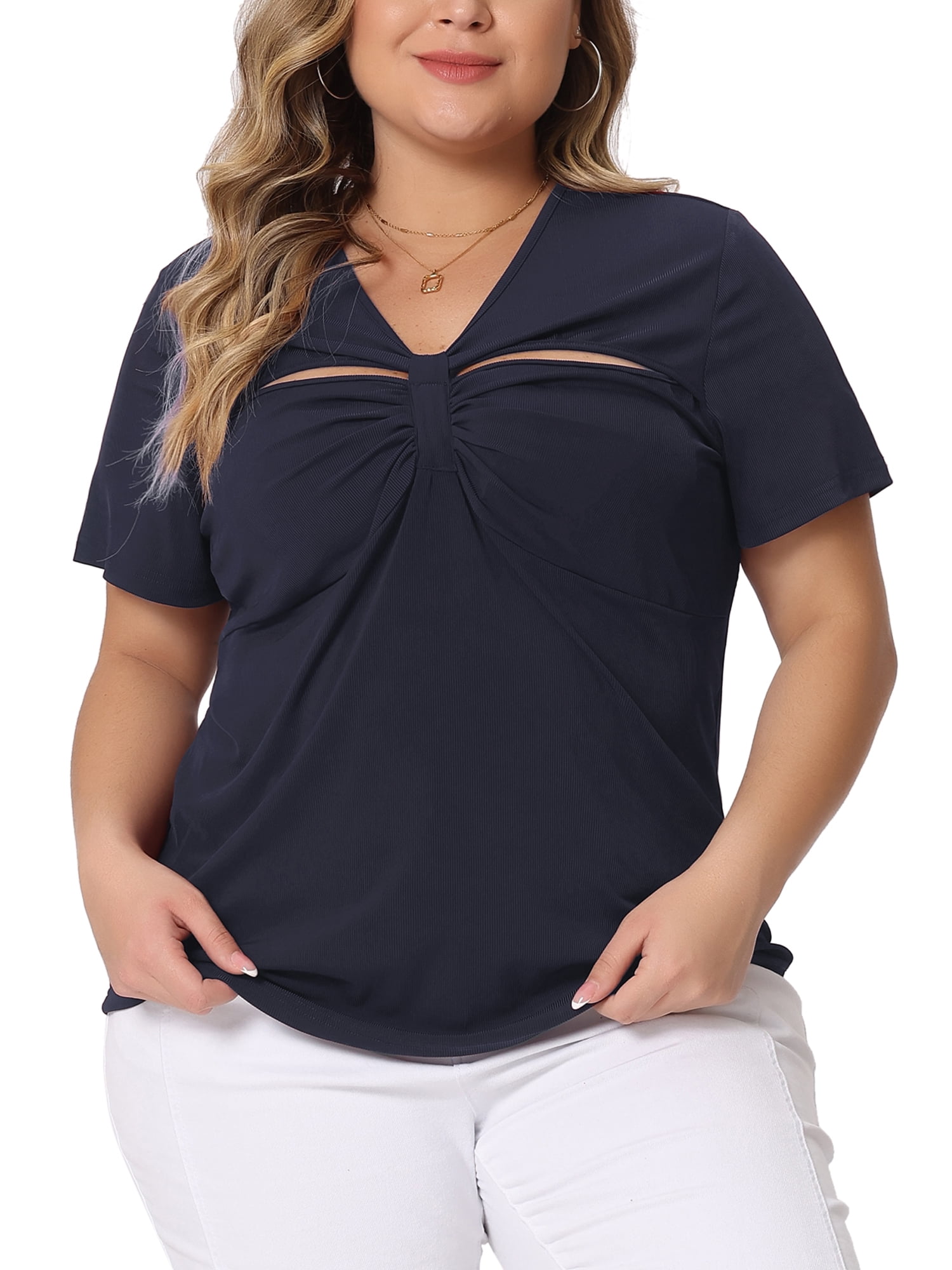 Unique Bargains Women Plus Size Ribbed Knit Cut-Out Twist Short Sleeve Tee Shirt 3X Navy Blue