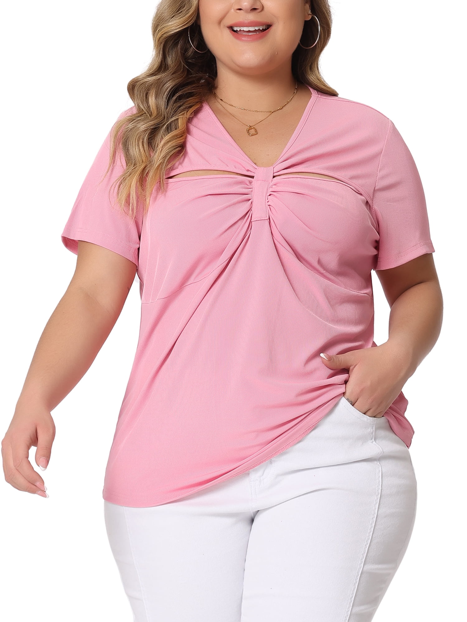Unique Bargains Women Plus Size Ribbed Knit Cut-Out Twist Short Sleeve Tee Shirt 4X Pink
