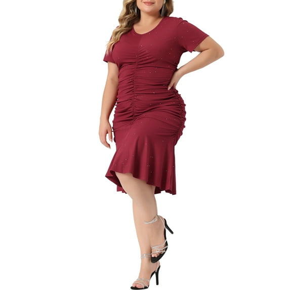 Unique Bargains Women Plus Size Ruffle Hem V Neck Short Sleeve Sequin Ruched Dresses 2X Burgundy