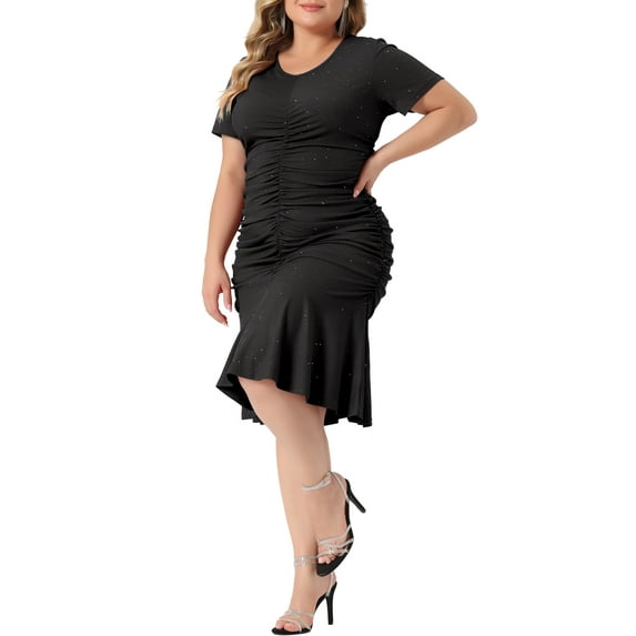 Unique Bargains Women Plus Size Ruffle Hem V Neck Short Sleeve Sequin Ruched Dresses 4X Black
