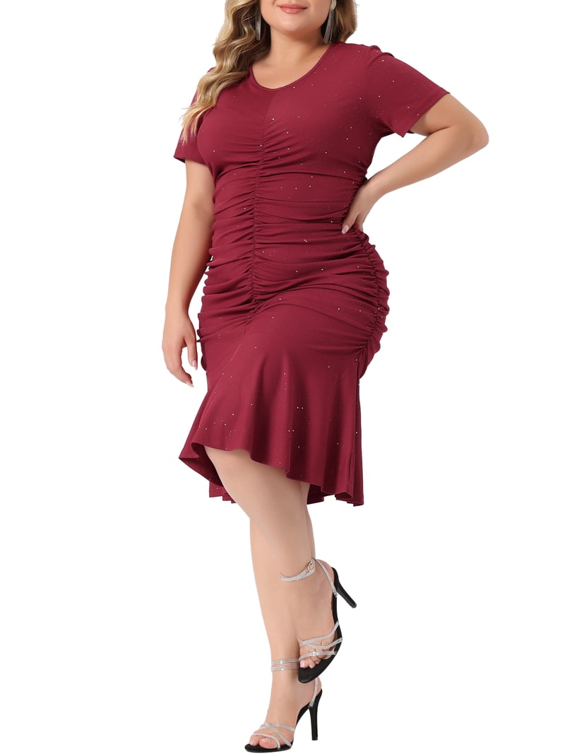 Unique Bargains Plus Size Burgundy Sequin Ruffle Hem V Neck Dress 4X  Comfortable - Walmart.com