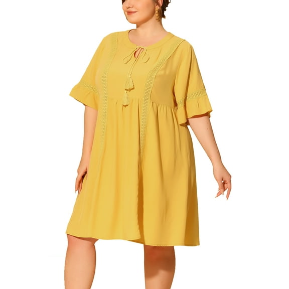 DARING DIVA Plus Size Ruffle Short Sleeve Lace V Neck Midi Dress 2X Yellow