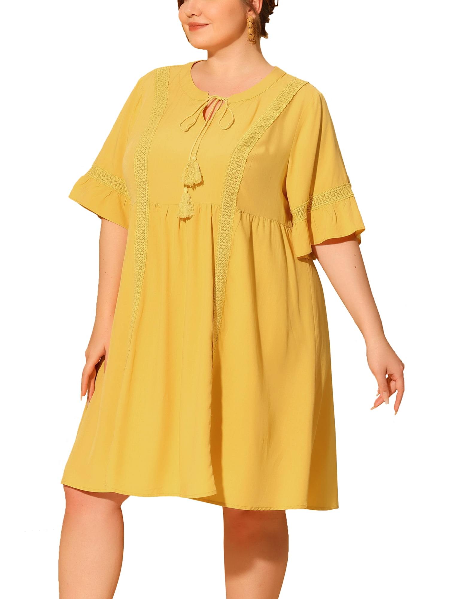 DARING DIVA Plus Size Ruffle Short Sleeve Lace V Neck Midi Dress 4X Yellow