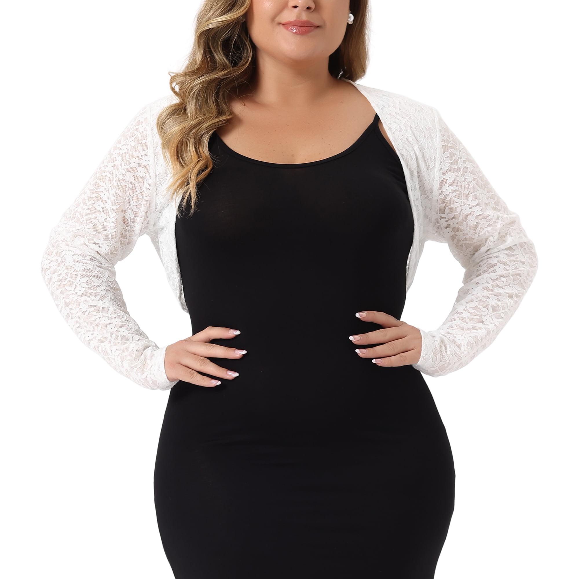 Unique Bargains Women Plus Size Sheer Open Front Cropped Long Sleeve Lace Cardigan 1X White