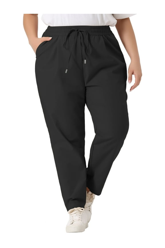 Women's Plus Straight Leg Elastic Loose Pockets Trousers Black 1X